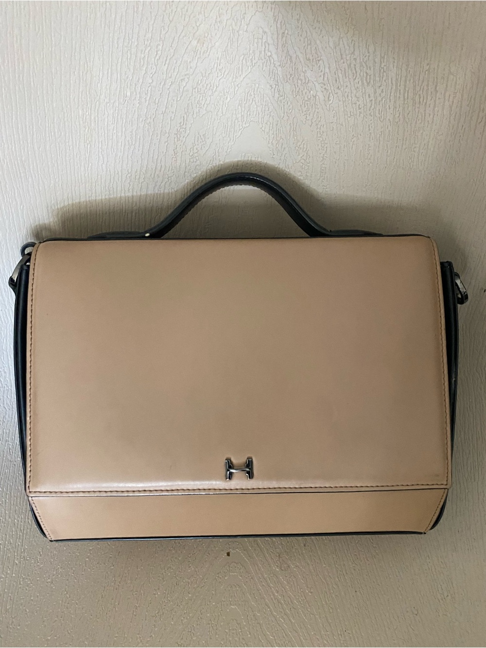 Halston Heritage Ash Black Leather Colorblock structure Shoulder Bag Crossbody